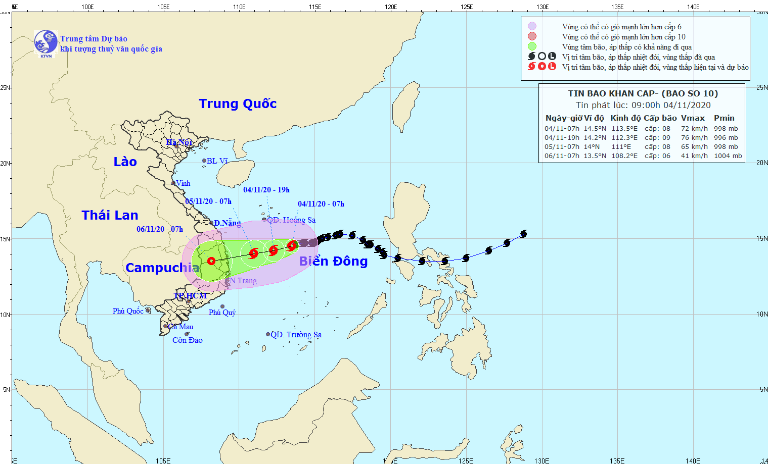 Bão số 10 đang cách Hoàng Sa khoảng 300km, hướng di chuyển của bão hướng vào vào Quảng Ngãi - Khánh Hòa nước ta.