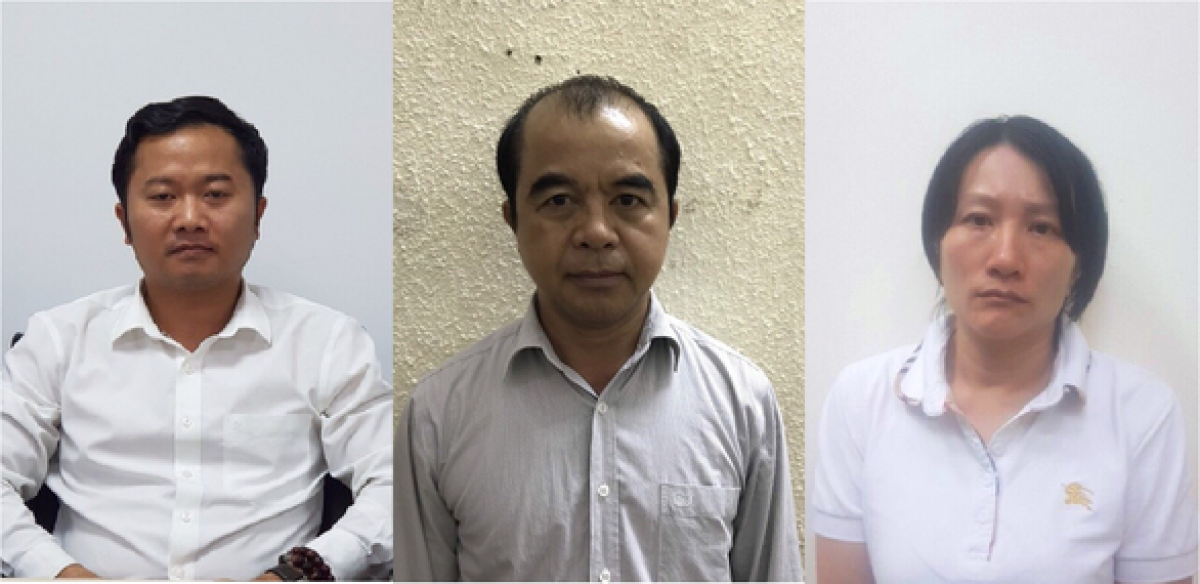 Các bị can Hòa, Quang, Thùy cán bộ quản lý Trường Đại học Đông Đô (từ trái qua) bị cơ quan CSĐT khởi tố trước đó. Ảnh: Công an cung cấp.