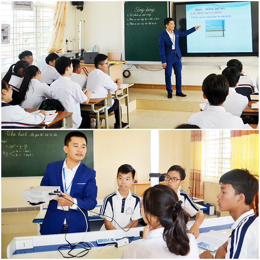 Giờ học môn vật lý ứng dụng dạy học thông minh của thầy và trò Trường THPT Minh Hà. Ảnh: Lan Anh