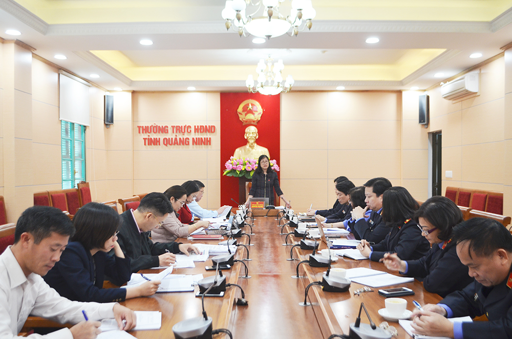 Đồng chí Nguyễn Thị Huệ, Trưởng Ban Pháp chế HĐND tỉnh phát biểu tại buổi làm việc với Viện Kiểm sát nhân dân tỉnh.