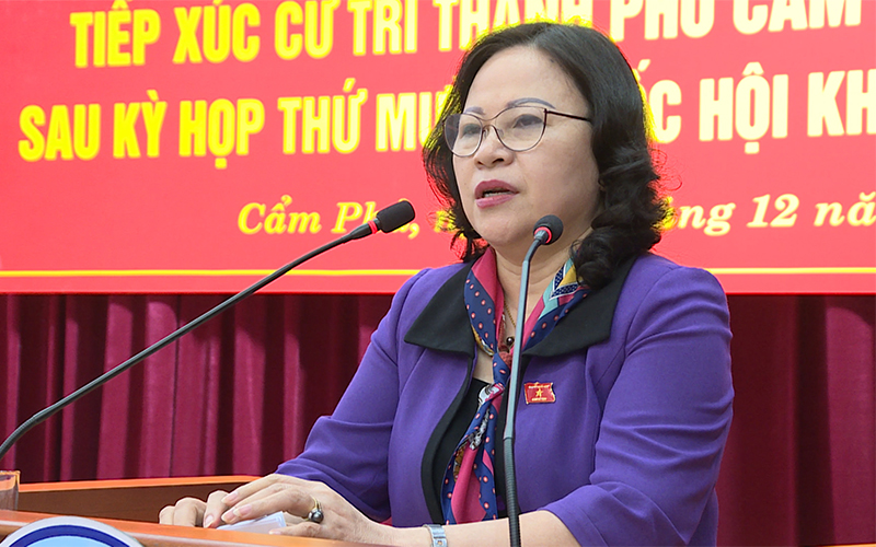 Đại biểu Quốc hội Ngô Thị Minh phát biểu tại buổi tiếp xúc.