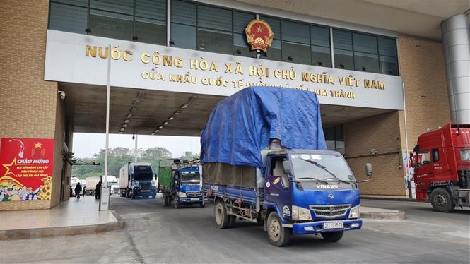 Những lô hàng xuất khẩu đầu tiên qua cửa khẩu quốc tế Lào Cai. (Ảnh: Hương Thu/TTXVN)