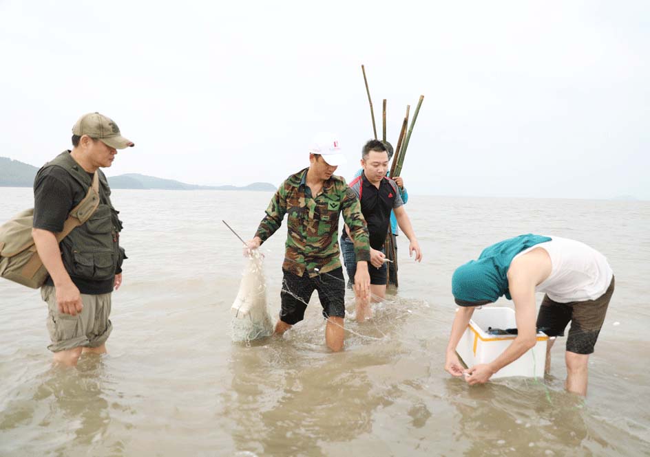 Du khách trải nghiệm đánh bắt cá theo mô hình thí điểm du lịch sinh thái cộng đồng tại đảo Quan Lạn (Vân Đồn). Ảnh: Việt Anh.
