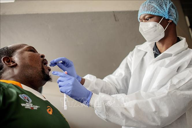 Chú thích ảnh Nhân viên y tế lấy mẫu dịch xét nghiệm COVID-19 cho người dân tại Richmond, Johannesburg, Nam Phi, ngày 18/12/2020. Ảnh: AFP/TTXVN