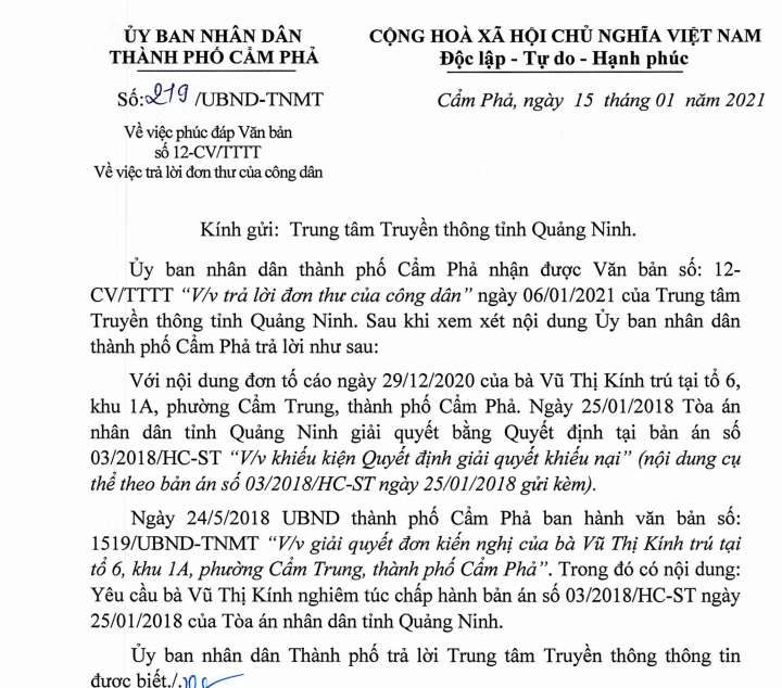 Theo UBND TP Cẩm Phả, nội dung phản ánh của bà Kính đã được TAND tỉnh giải quyết năm 2018.