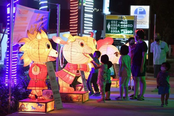  Những chiếc đèn lồng hình Con Giáp đặt ven đường tại Hougang, Singapore hôm 5/2. Ảnh: The Strait Times