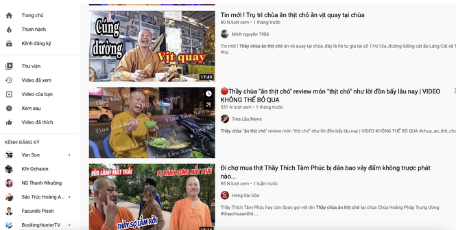 Nhiều video trên YouTube đăng tải thông tin gây ảnh hưởng đến tu sĩ Phật giáo. Ảnh chụp màn hình