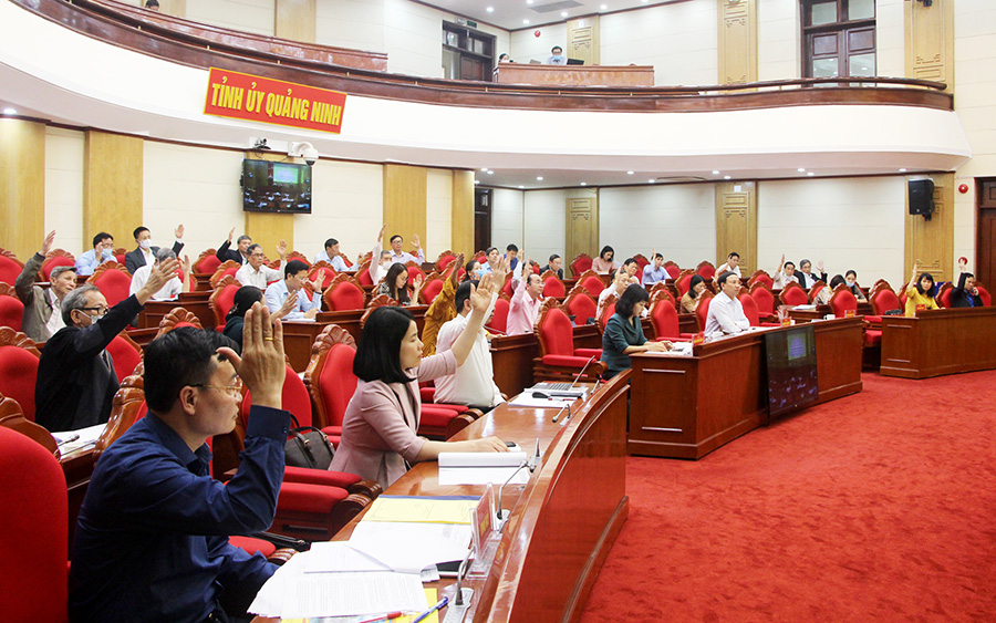 100% đại biểu biểu quyết thông qua danh sách sơ bộ người ứng cử ĐBQH khóa XV và HĐND tỉnh khóa XIV, nhiệm kỳ 2021-2026. Ảnh Thu Chung