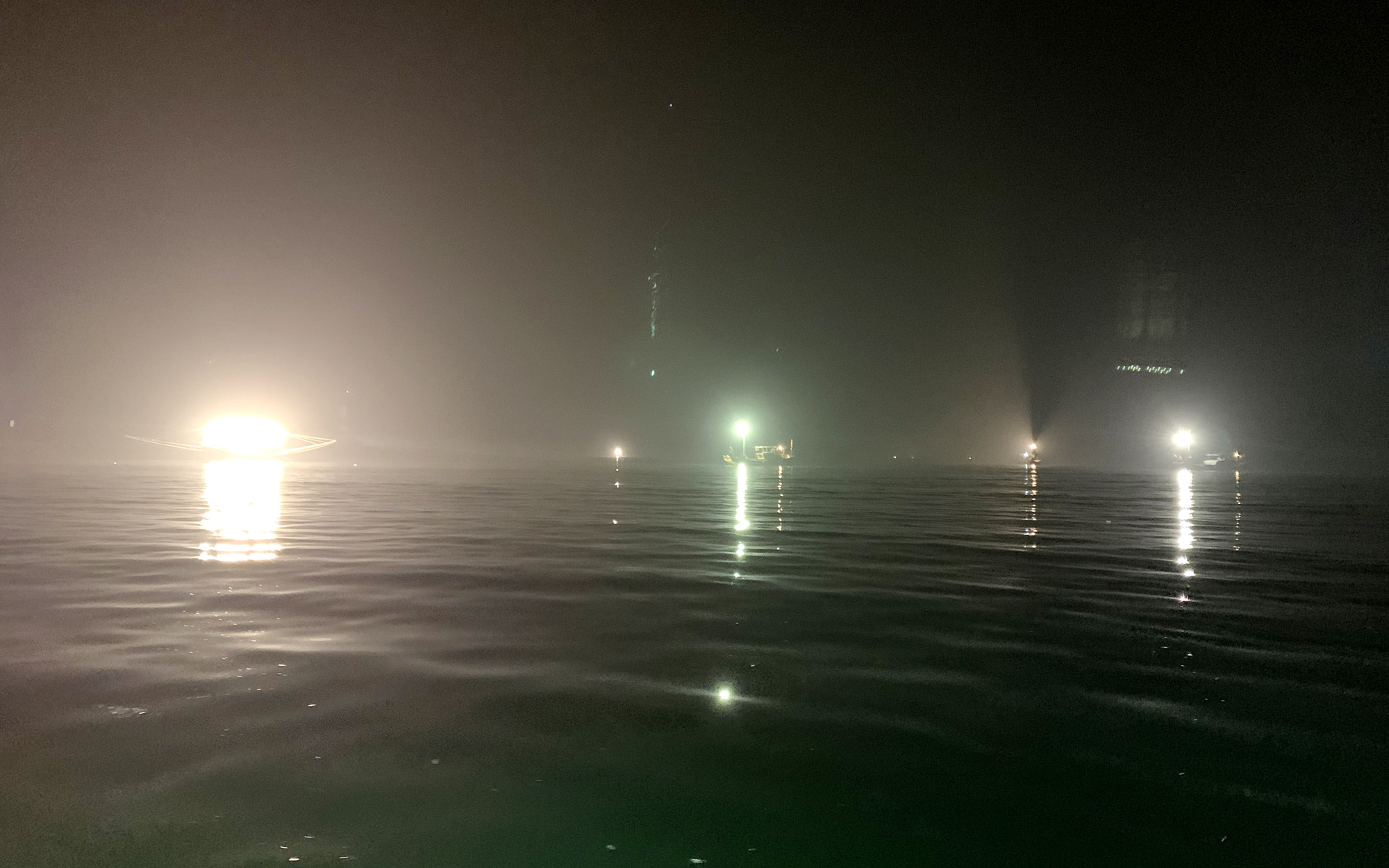 Hoạt động khai thác sứa của người dân chủ yếu vào ban đêm, các tàu thuyền được trang bị đèn chiếu sáng công suất lớn để vớt, khi sứa nổi lên mặt biển. Ảnh: Mạnh Trường