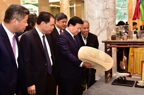 Phó Thủ tướng cùng các đại biểu tham quan gian hàng giới thiệu sản phẩm OCOP của địa phương - Ảnh: VGP/Nhật Bắc