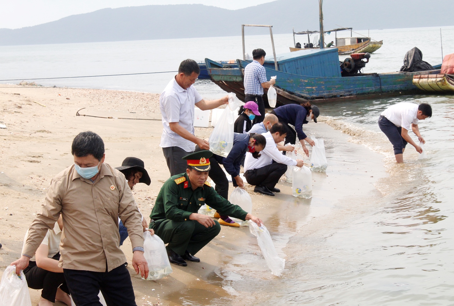 Móng Cái thả 45 vạn con tôm, cá giống tái tạo nguồn lợi thủy sản.