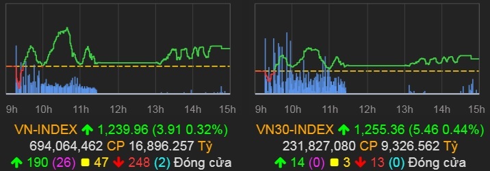 VN-Index chốt phiên 6/4 tăng lên gần 1.240 điểm. Ảnh: VNDirect.