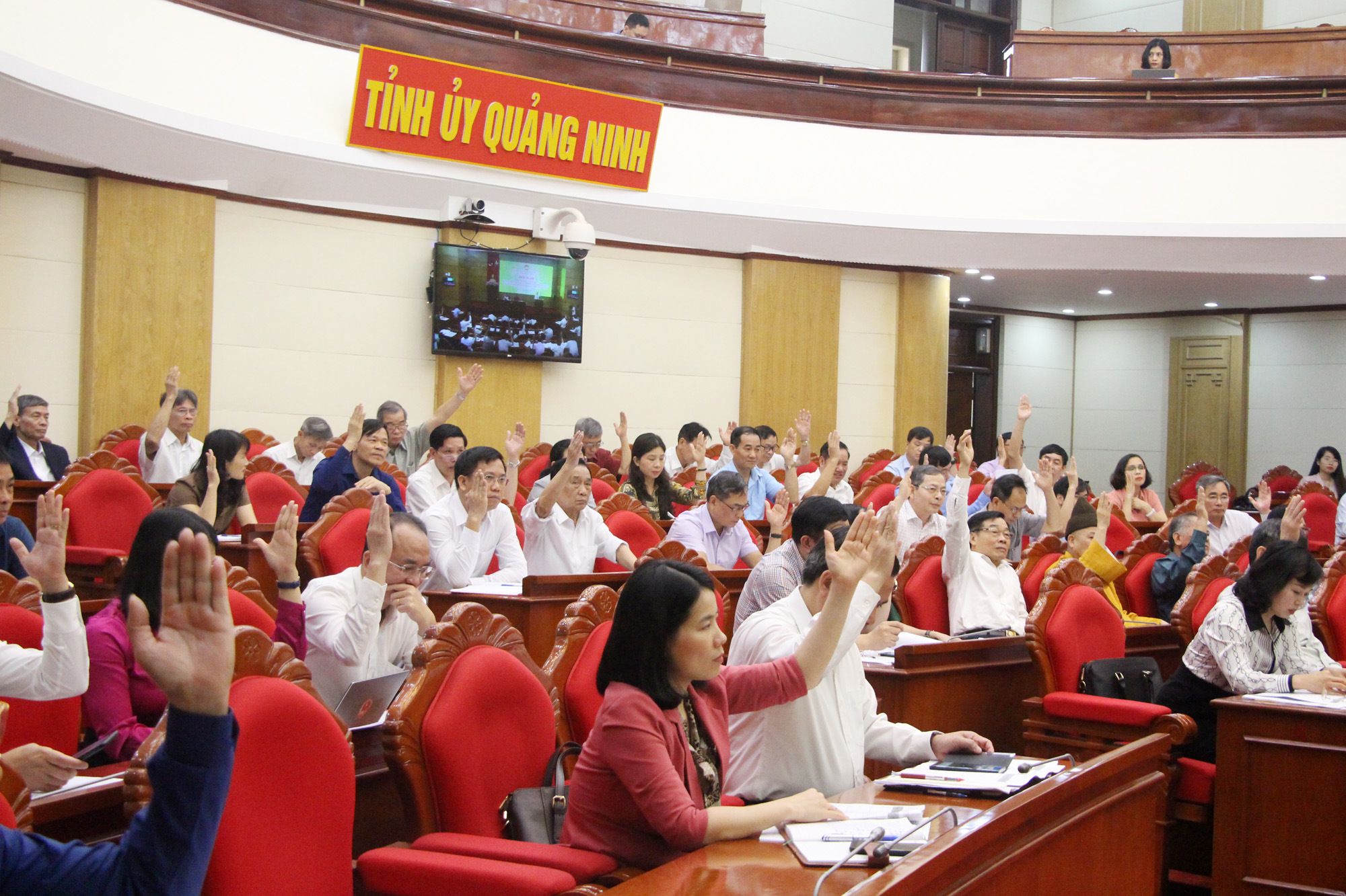 Các đại biểu biểu quyết thông qua danh sách chính thức người ứng cử ĐBQH khóa XV và HĐND tỉnh, nhiệm kỳ 2021-2026.