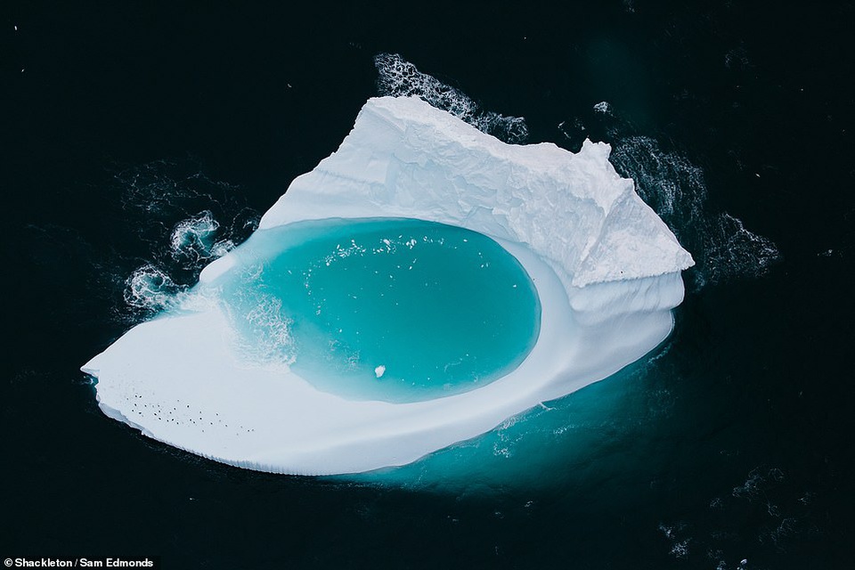 Tảng băng trôi có hình dạng kỳ lạ khi nhìn từ trên cao. Bên trong nó có một phần lõm như hồ nước. Ảnh chụp bởi Sam Edmonds.