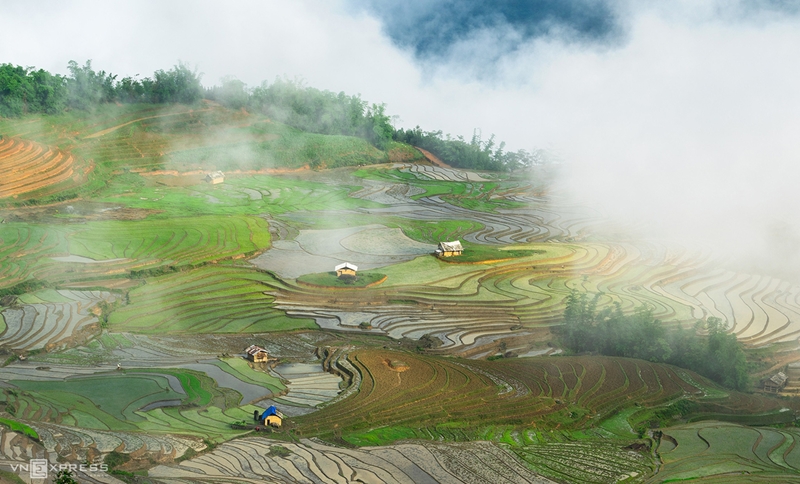 Sương dày vờn trên các thửa ruộng bậc thang với điểm nhấn là các ngôi nhà trình tường tại A Lù, nếp nhà đặc trưng của người dân tộc vùng cao Tây Bắc. . Nhà trình tường dựng bằng đất, mát mùa hè và ấm mùa đông. Trước đây người dân phủ mái với cỏ tranh, rơm rạ truyền thống. Theo thời gian cùng sự phát triển xuất hiện những căn nhà dùng tấm lợp fibro xi măng hoặc mái tôn. Bức ảnh trên chụp vào tháng 5/2016, với phong cảnh vùng cao còn hoang sơ và mộc mạc hơn rất nhiều so với ngày nay.