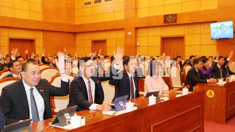 100% các đại biểu HĐND tỉnh dự kỳ họp biểu quyết thông qua các Nghị quyết (10-2019). Ảnh: Đỗ Phương