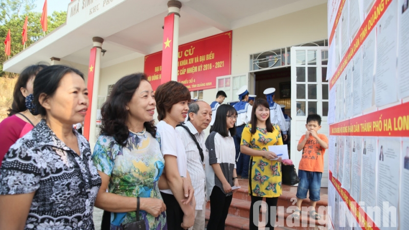 Cử tri khu 4, phường Bãi Cháy (TP Hạ Long) nghiên cứu tiểu sử các ứng viên trước khi bỏ phiếu. Ảnh: Hùng Sơn