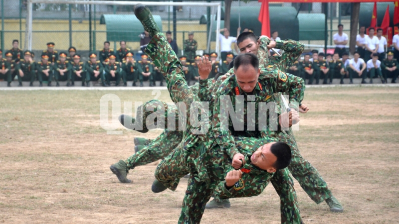 Màn biểu diễn võ thuật của Đội Trinh sát, Bộ CHQS tỉnh tại lễ ra quân huấn luyện của Bộ CHQS tỉnh – BĐBP tỉnh năm 2018 (1-3-2018). Ảnh: Lưu Linh