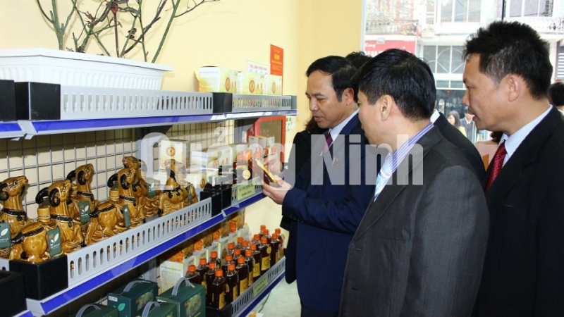 Đồng chí Đặng Huy Hậu, Phó Chủ tịch UBND tỉnh cùng các đại biểu tham quan các sản phẩm được giới thiệu và bày bán tại trung tâm.
