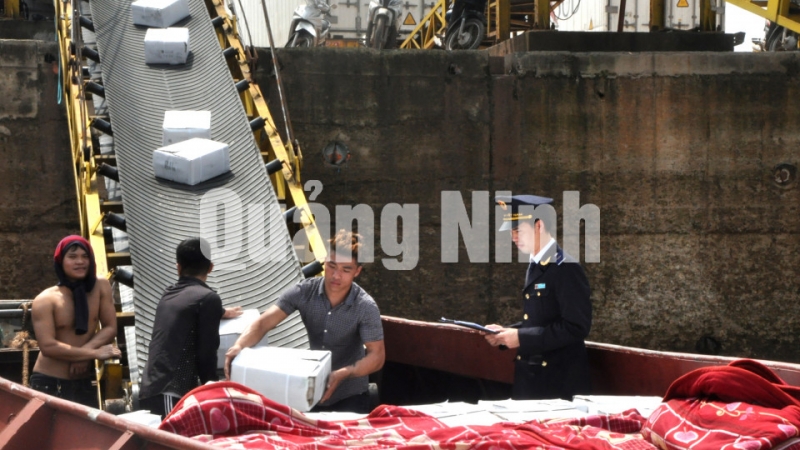 Cán bộ Chi cục Hải quan Cửa khẩu Móng Cái kiểm tra hoạt động xuất khẩu tại Cảng ICD Thành Đạt. Ảnh: Hữu Việt