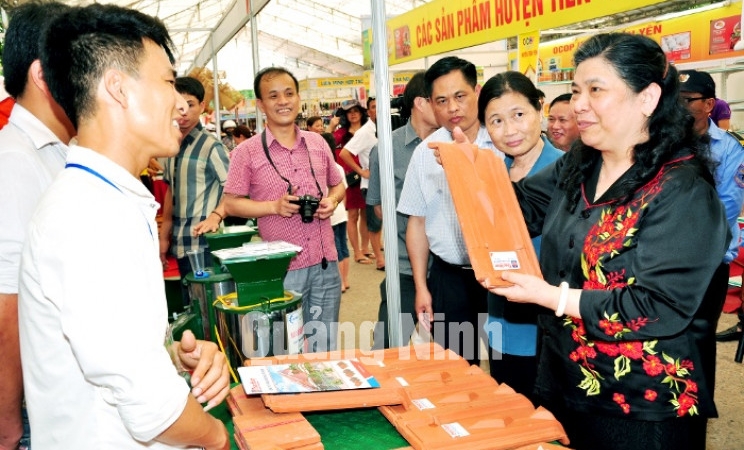 Thăm các gian hàng tại hội chợ, đồng chí Tòng Thị Phóng, Uỷ viên Bộ Chính trị, Phó Chủ tịch Quốc hội đánh giá cao hoạt động xúc tiến thương mại của Quảng Ninh.