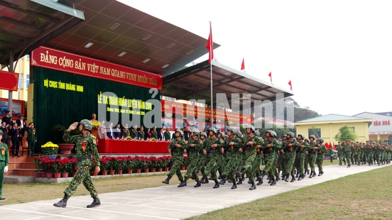 Duyệt đội ngũ trong lễ ra quân huấn luyện năm 2019. Ảnh: Văn Đảm (Bộ CHQS tỉnh)