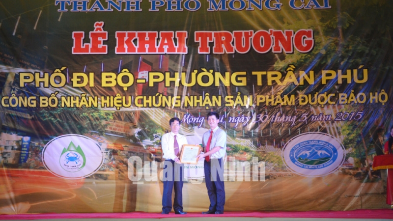 Tối 30/5/2015, tại TP Móng Cái, Phó Chủ tịch UBND tỉnh Lê Quang Tùng trao chứng nhận đăng ký nhãn hiệu sản phẩm lợn Móng Cái cho TP Móng Cái. Ảnh: Phương Thúy