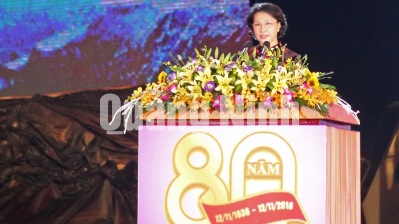 Đồng chí Nguyễn Thị Kim Ngân, Ủy viên Bộ Chính trị, Chủ tịch Quốc hội phát biểu tại buổi lễ. Ảnh: Hùng Sơn