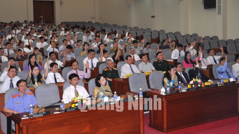 Các đại biểu biểu quyết thông quá Tờ trình miễn chức vụ Chủ tịch HĐND tỉnh tại Kỳ họp.