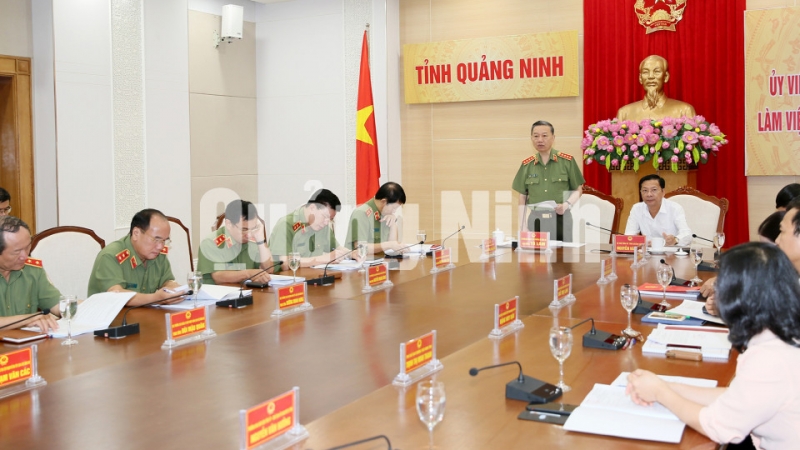 Bộ Trưởng Bộ Công an Tô Lâm phát biểu tại buổi làm việc với tỉnh Quảng Ninh (8-2019). Ảnh: Đỗ Phương