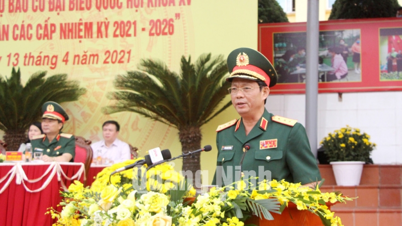 Thượng tướng Trần Quang Phương, Ủy viên Trung ương Đảng, Ủy viên Quân ủy Trung ương, Phó Chủ nhiệm Tổng cục Chính trị Quân đội nhân dân Việt Nam, phát biểu tại buổi lễ (4-2021). Ảnh: Thu Chung
