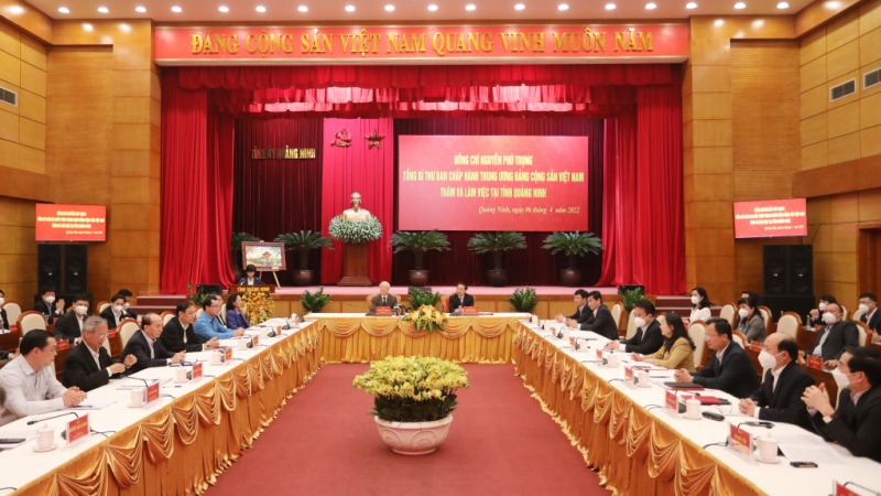 Quang cảnh buổi làm việc của Tổng Bí thư Nguyễn Phú Trọng với tỉnh Quảng Ninh  (4-2022). Ảnh: Hùng Sơn