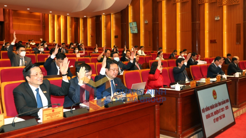 Các đại biểu HĐND tỉnh biểu quyết thông qua các nghị quyết (6-2022). Ảnh: Đỗ Phương
