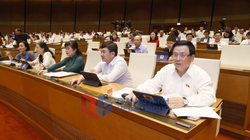 Các đại biểu Đoàn ĐBQH tỉnh Quảng Ninh nhấn nút biểu quyết thông qua Nghị quyết tại kỳ họp thứ 3, Quốc hội khóa XV (6-2022). Ảnh: Nguyễn Thanh