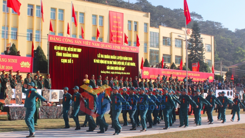Lực lượng DQTV tham gia diễu hành trong lễ ra quân huấn luyện năm 2016. Ảnh Trúc Linh