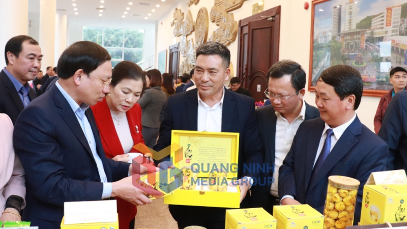 Các đại biểu Trung ương, Tỉnh tham quan gian trưng bày sản phẩm trà hoa vàng Ba Chẽ (2-2023). Ảnh: Hoàng Quỳnh