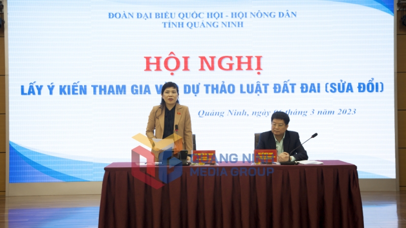 Đồng chí Nguyễn Thị Thu Hà, Phó Trưởng Đoàn Đại biểu Quốc hội tỉnh phát biểu tại hội nghị (2-2023). Ảnh: Thành Công