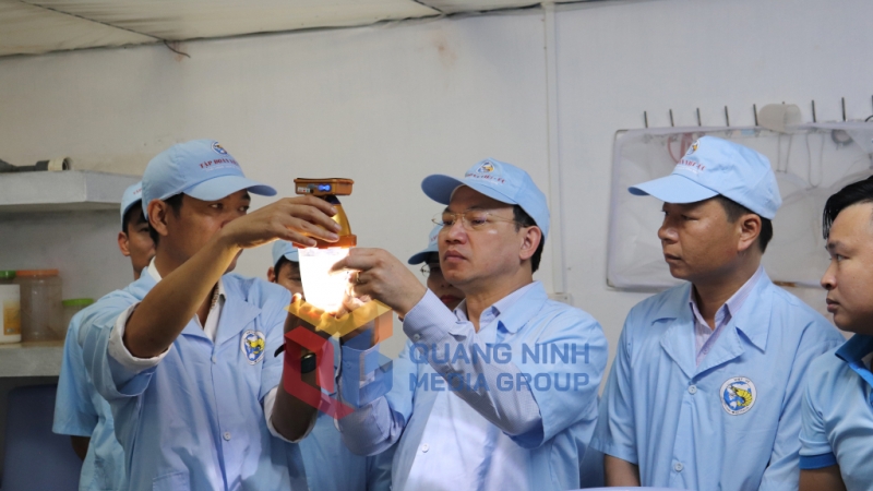 Đồng chí Bí thư Tỉnh ủy kiểm tra quy trình nuôi con giống tôm tại Công ty TNHH Việt Úc Quảng Ninh (6-2023). Ảnh: Thu Chung
