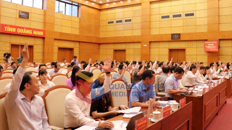 Các đại biểu biểu quyết thông qua Nghị quyết của hội nghị giữa nhiệm kỳ BCH Đảng bộ tỉnh khóa XV (6-2023). Ảnh: Thu Chung