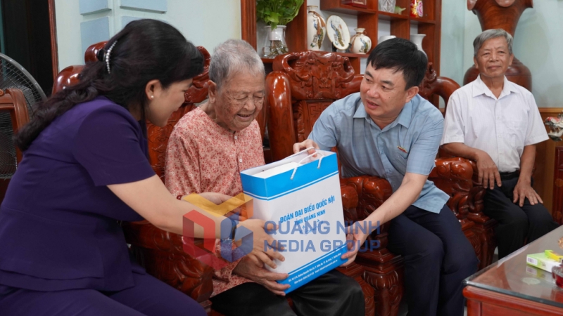 Các đồng chí trong Đoàn ĐBQH tỉnh Quảng Ninh thăm, tặng quà gia đình bà Đặng Thị Đến (vợ liệt sỹ), TX Đông Triều. Ảnh: Hoàng Yến