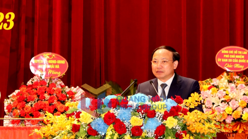 Đồng chí Nguyễn Xuân Ký, Ủy viên Trung ương Đảng, Bí thư Tỉnh ủy, Chủ tịch HĐND tỉnh, phát biểu tại Đại hội (7-2023). Ảnh: Thu Chung