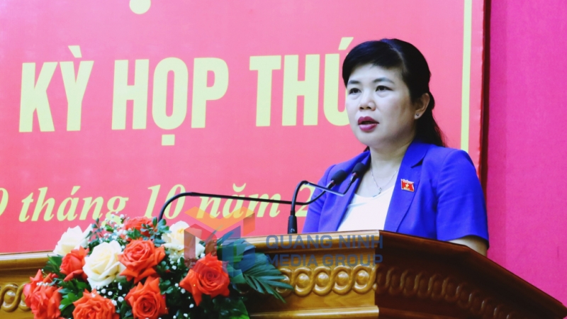 Đồng chí Nguyễn Thị Thu Hà, Phó Trưởng Đoàn ĐBQH tỉnh phát biểu tại buổi tiếp xúc. Ảnh: Nguyễn Thanh