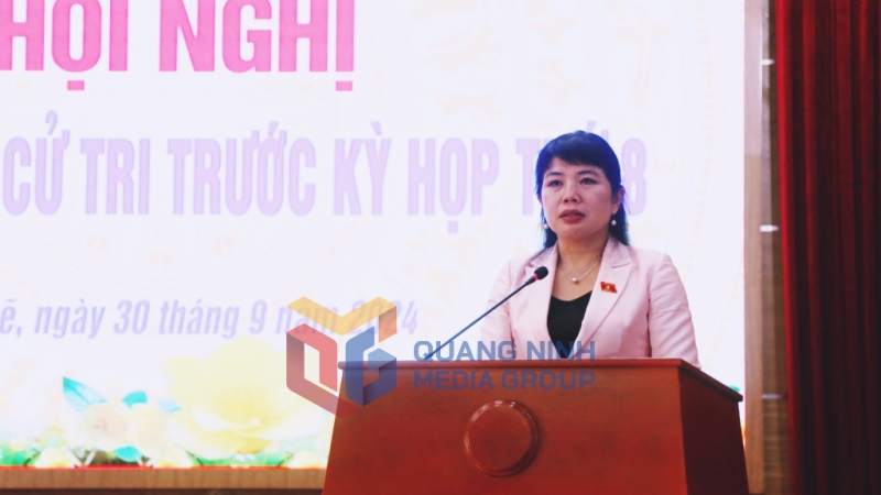 Đồng chí Nguyễn Thị Thu Hà, Phó trưởng Đoàn ĐBQH tỉnh phát biểu tại buổi tiếp xúc (9-2024). Ảnh: Nguyễn Thanh