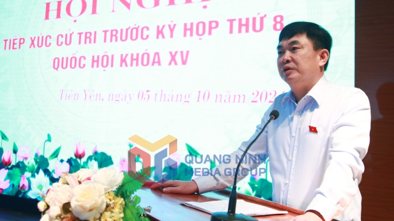 ĐBQH Ngô Hoàng Ngân, Bí thư Đảng ủy, Chủ tịch HĐTV Tập đoàn Công nghiệp Than - Khoáng sản Việt Nam phát biểu tại buổi tiếp xúc (10-2024). Ảnh: Việt Hưng