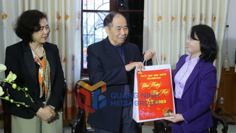 Đồng chí Trịnh Thị Minh Thanh, Phó Bí thư Thường trực Tỉnh ủy, Chủ tịch HĐND tỉnh tặng quà, chúc Tết Anh hùng Lao động Phạm Minh Thảo, phường Hồng Hải, TP Hạ Long (1-2025). Ảnh: Nguyễn Thanh