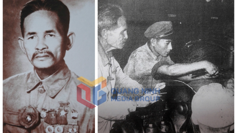 Di ảnh Anh hùng Lao động Lê Văn Hiển (ảnh trái); Anh hùng Lê Văn Hiển hướng dẫn một người thợ trẻ. Ảnh: Tư liệu của Công ty Tuyển than Cửa Ông.