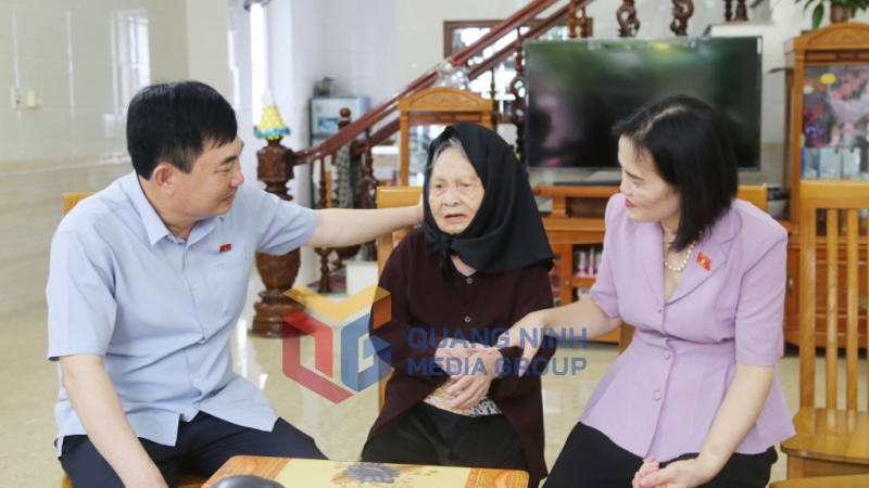 Các đại biểu Quốc hội tỉnh thăm hỏi, động viên bà Đàm Thị Phiện, vợ liệt sĩ (7-2025). Ảnh: Nguyễn Thanh