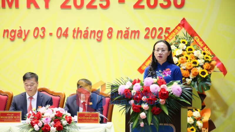 Đồng chí Lê Ngọc Hân, Bí thư Đảng ủy đặc khu Cô Tô phát biểu tại Đại hội (8-2025). Ảnh: PV