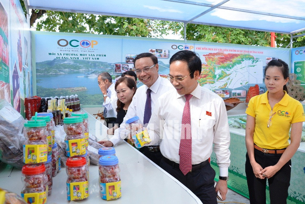 Các đồng chí lãnh đạo tỉnh cùng các đại biểu tham quan gian hàng trưng bày các sản phẩm OCOP của TX Quảng Yên