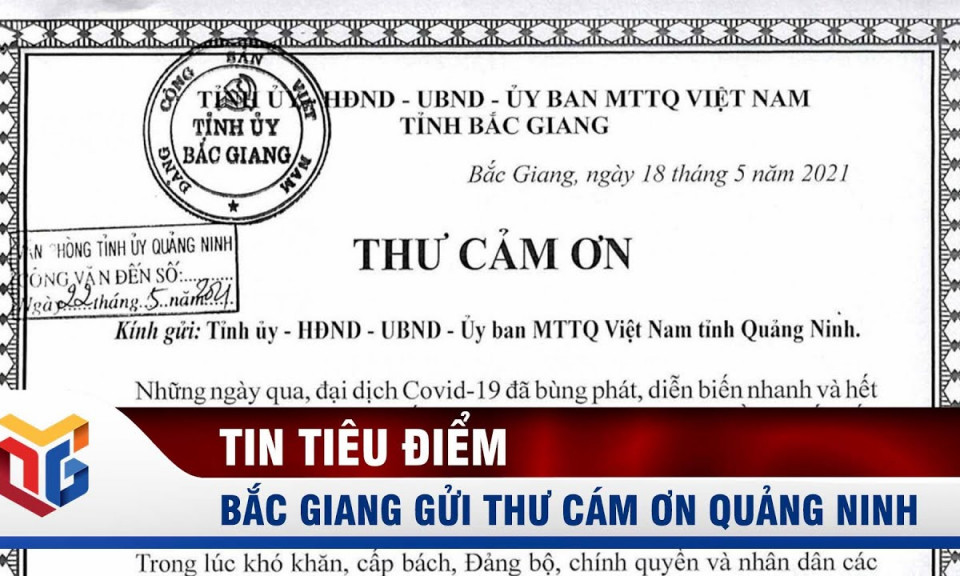 Thư cảm ơn của tỉnh Bắc Giang gửi Quảng Ninh